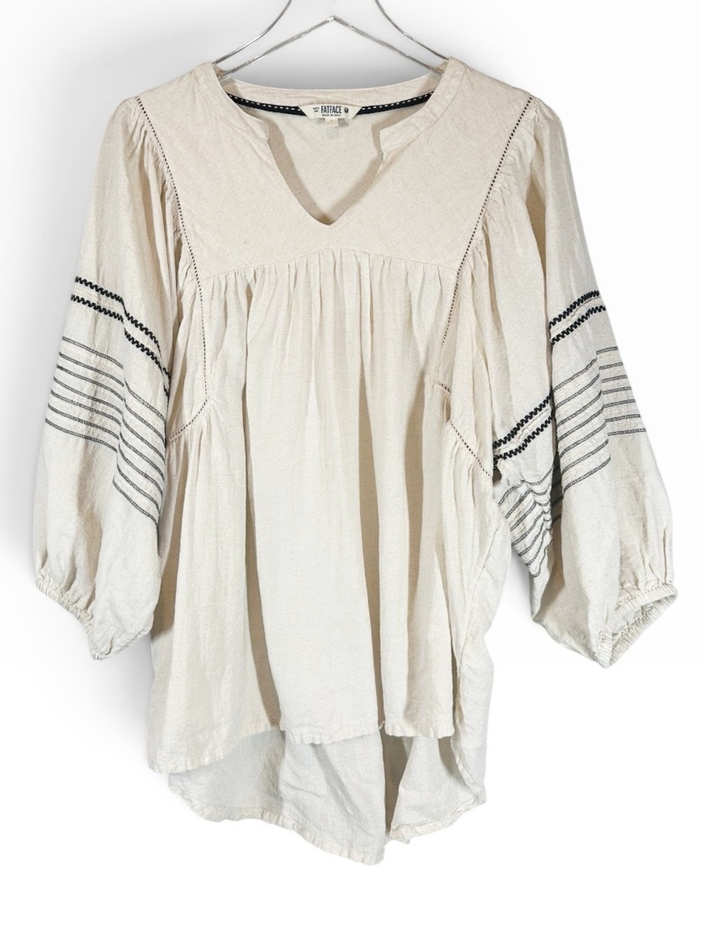 FATFACE Women's Large Ivory With Black Embroidery Peasant Style Boho Shirt